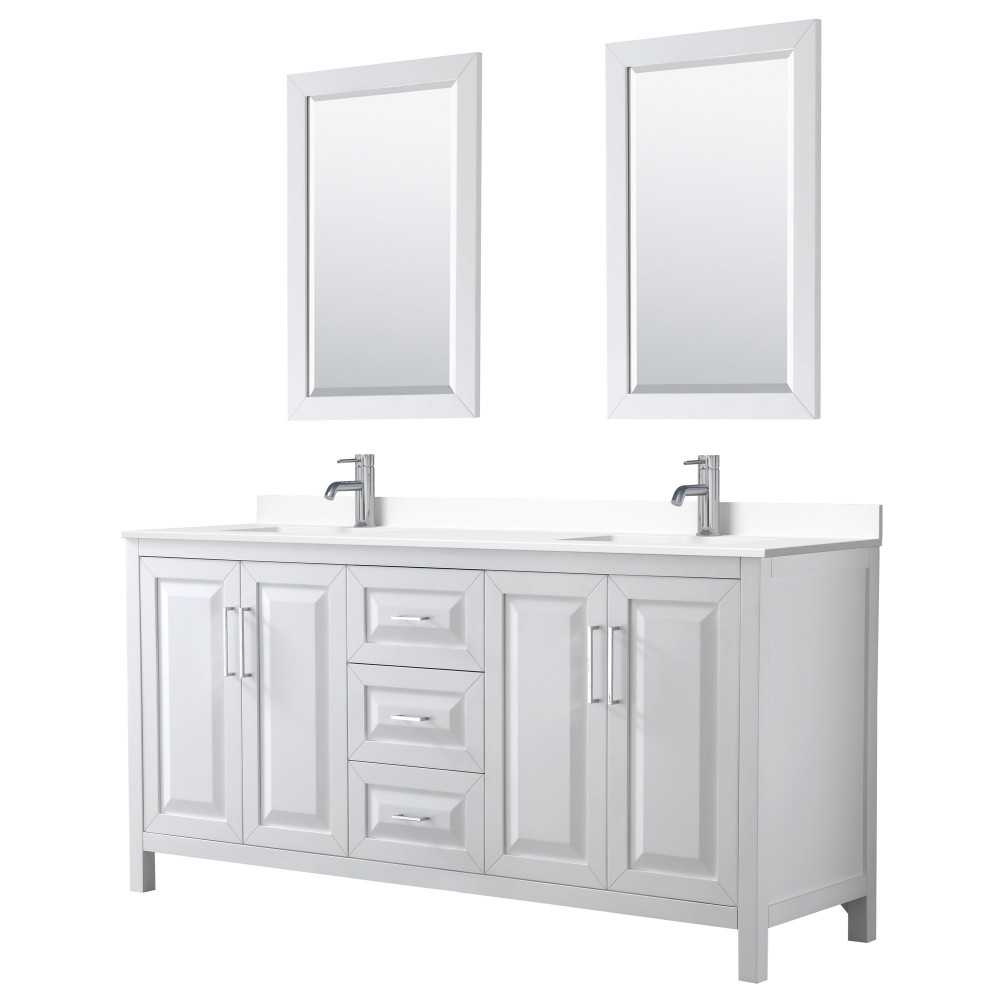 72 Inch Double Bathroom Vanity in White, White Cultured Marble Countertop, Sinks, 24 Inch Mirrors