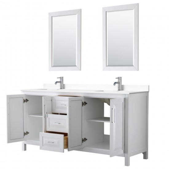 72 Inch Double Bathroom Vanity in White, White Cultured Marble Countertop, Sinks, 24 Inch Mirrors