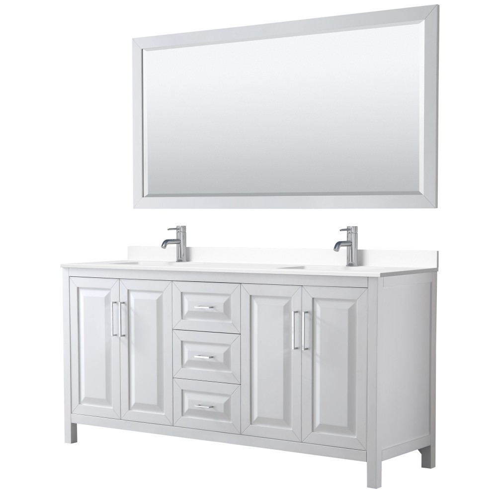 72 Inch Double Bathroom Vanity in White, White Cultured Marble Countertop, Sinks, 70 Inch Mirror