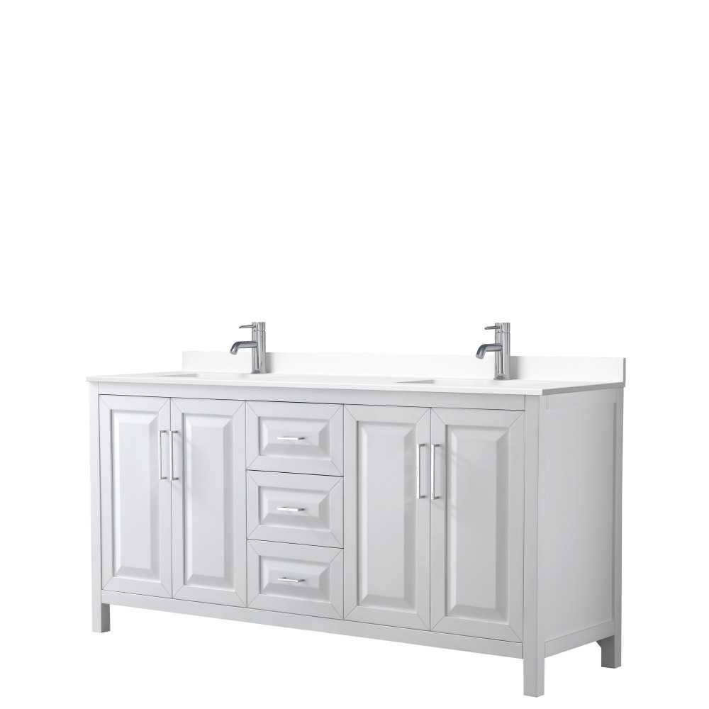 72 Inch Double Bathroom Vanity in White, White Cultured Marble Countertop, Sinks, No Mirror