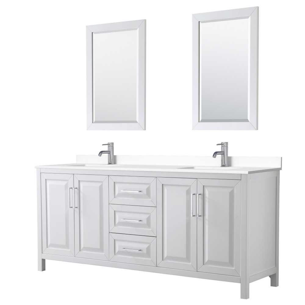 80 Inch Double Bathroom Vanity in White, White Cultured Marble Countertop, Sinks, 24 Inch Mirrors