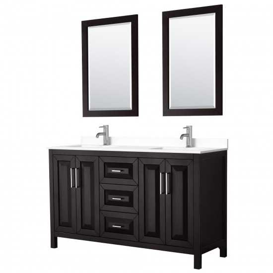 60 Inch Double Bathroom Vanity in Dark Espresso, White Cultured Marble Countertop, Sinks, 24 Inch Mirrors