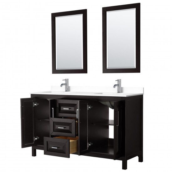 60 Inch Double Bathroom Vanity in Dark Espresso, White Cultured Marble Countertop, Sinks, 24 Inch Mirrors