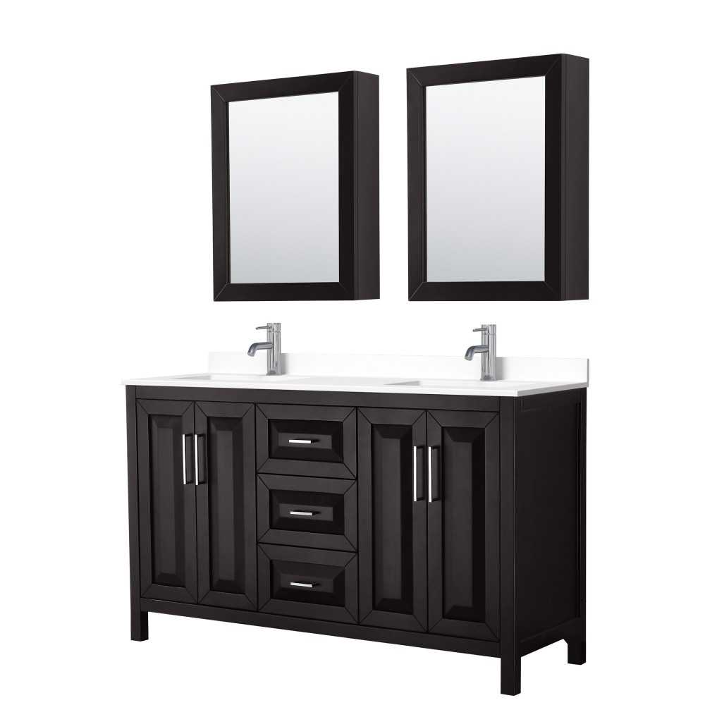 60 Inch Double Bathroom Vanity in Dark Espresso, White Cultured Marble Countertop, Sinks, Medicine Cabinets