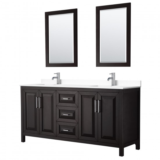 72 Inch Double Bathroom Vanity in Dark Espresso, White Cultured Marble Countertop, Sinks, 24 Inch Mirrors