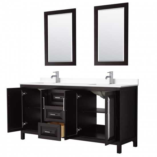 72 Inch Double Bathroom Vanity in Dark Espresso, White Cultured Marble Countertop, Sinks, 24 Inch Mirrors