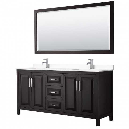 72 Inch Double Bathroom Vanity in Dark Espresso, White Cultured Marble Countertop, Sinks, 70 Inch Mirror