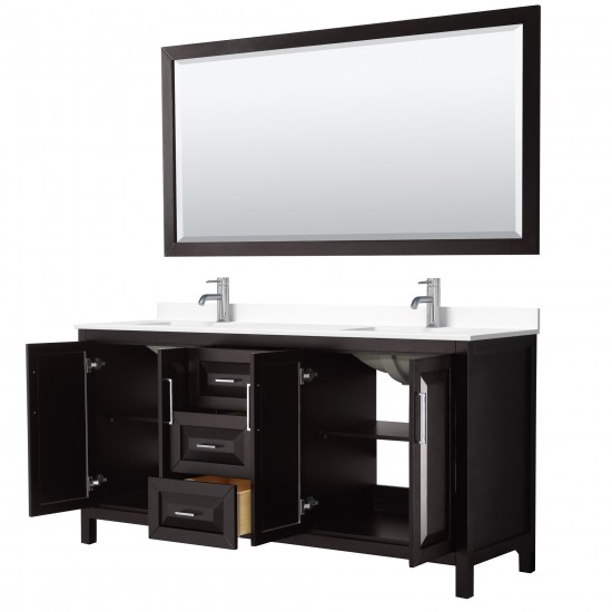 72 Inch Double Bathroom Vanity in Dark Espresso, White Cultured Marble Countertop, Sinks, 70 Inch Mirror