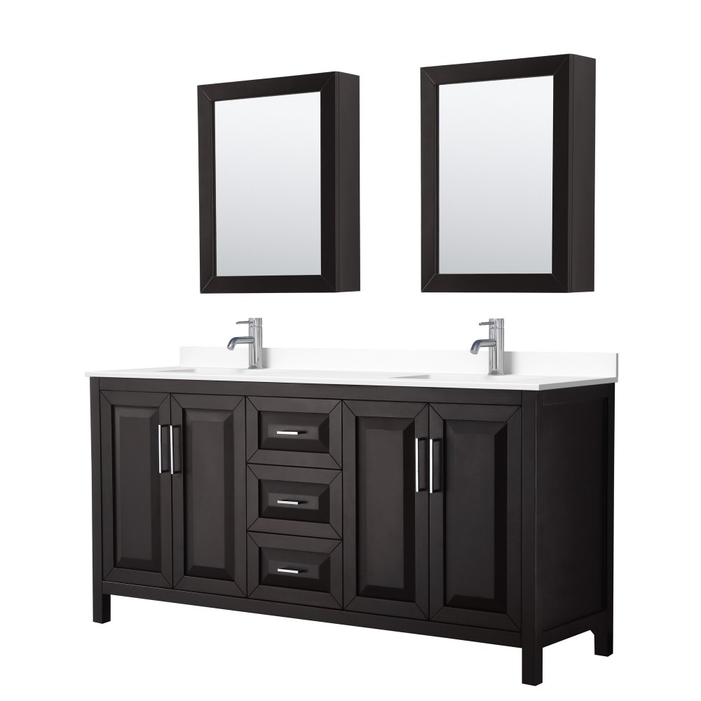 72 Inch Double Bathroom Vanity in Dark Espresso, White Cultured Marble Countertop, Sinks, Medicine Cabinets