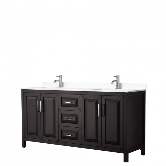 72 Inch Double Bathroom Vanity in Dark Espresso, White Cultured Marble Countertop, Sinks, No Mirror