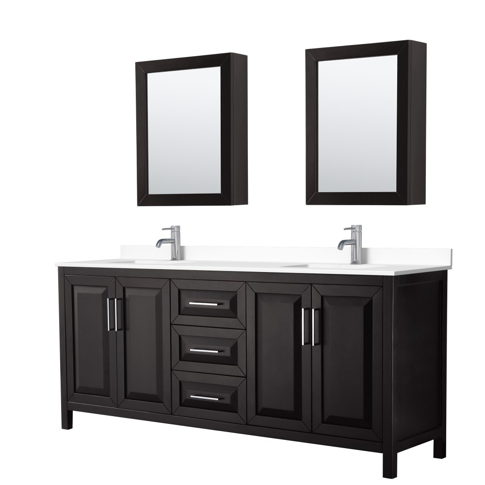 80 Inch Double Bathroom Vanity in Dark Espresso, White Cultured Marble Countertop, Sinks, Medicine Cabinets