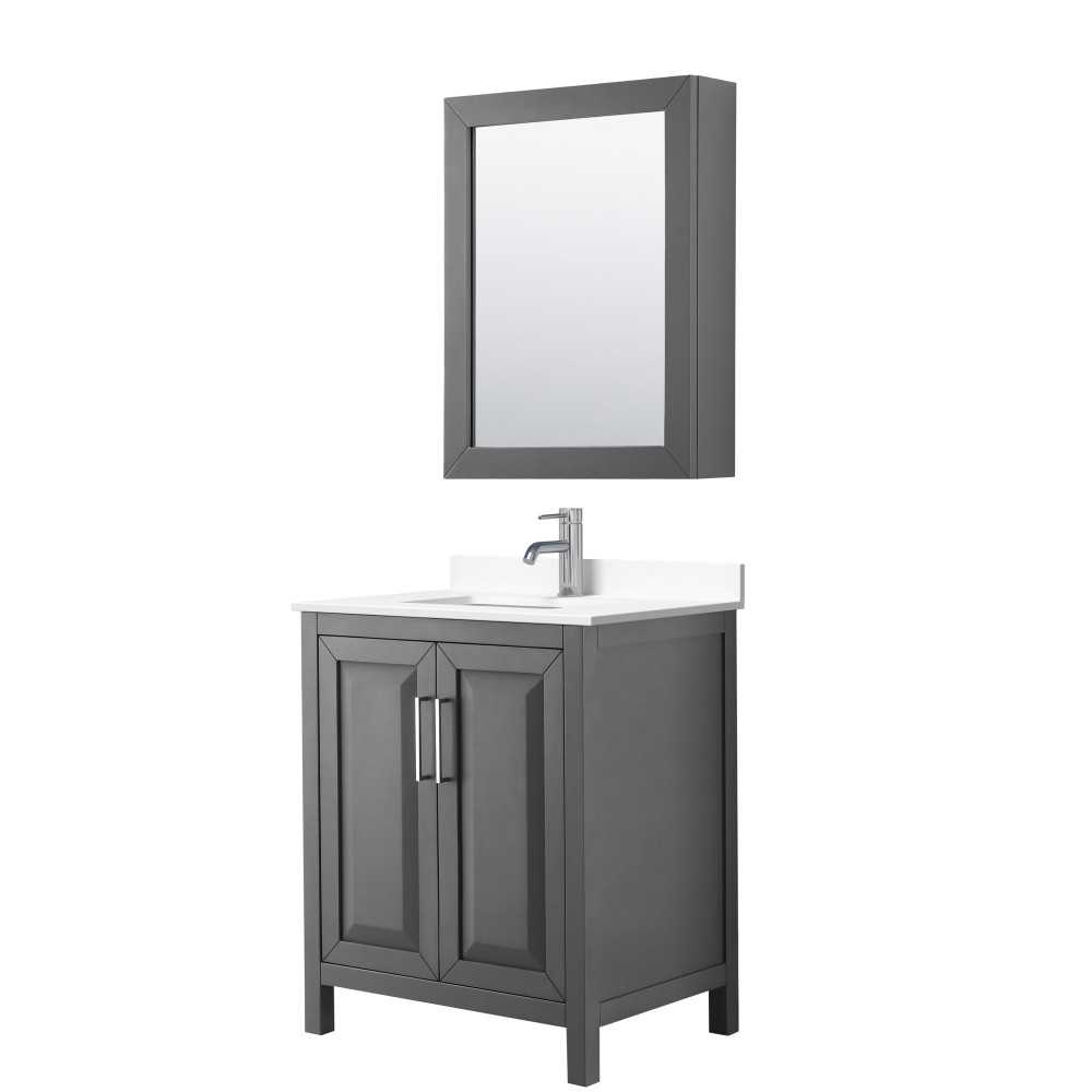 30 Inch Single Bathroom Vanity in Dark Gray, White Cultured Marble Countertop, Sink, Medicine Cabinet