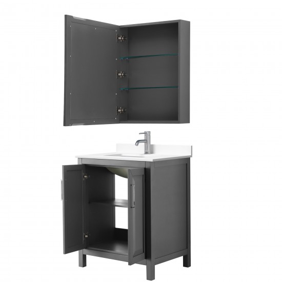 30 Inch Single Bathroom Vanity in Dark Gray, White Cultured Marble Countertop, Sink, Medicine Cabinet