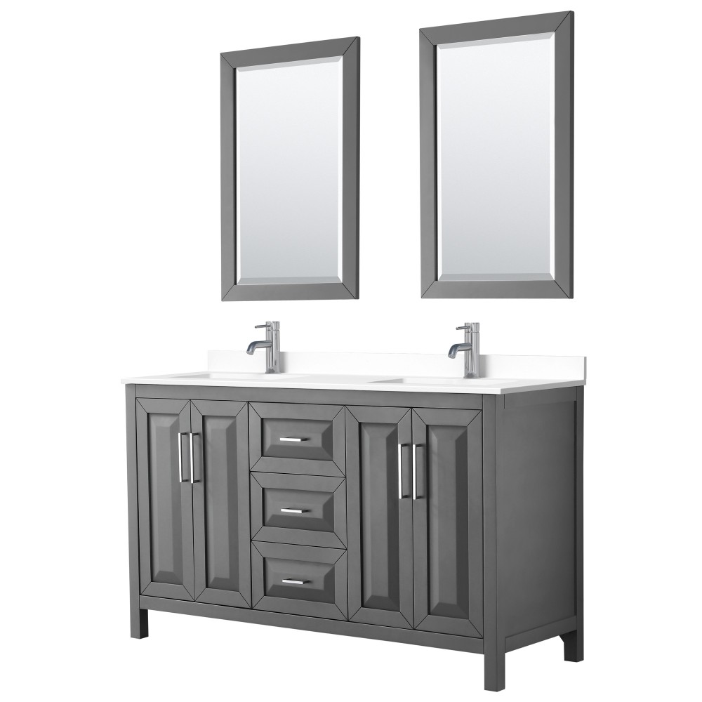 60 Inch Double Bathroom Vanity in Dark Gray, White Cultured Marble Countertop, Sinks, 24 Inch Mirrors