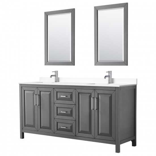 72 Inch Double Bathroom Vanity in Dark Gray, White Cultured Marble Countertop, Sinks, 24 Inch Mirrors