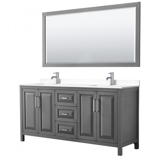 72 Inch Double Bathroom Vanity in Dark Gray, White Cultured Marble Countertop, Sinks, 70 Inch Mirror