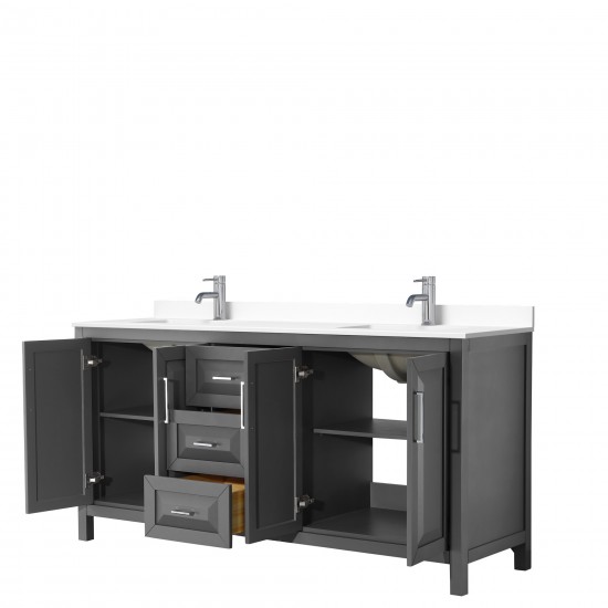 72 Inch Double Bathroom Vanity in Dark Gray, White Cultured Marble Countertop, Sinks, No Mirror