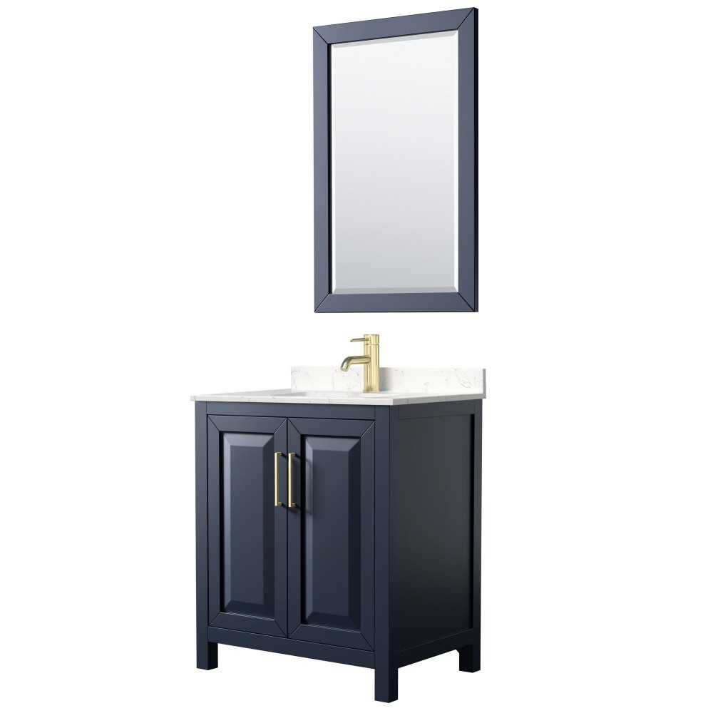 30 Inch Single Bathroom Vanity in Dark Blue, Light-Vein Carrara Cultured Marble Countertop, Sink, 24 Inch Mirror 30 Inch Single Bathroom Vanity in Dark Blue, Light-Vein Carrara Cultured Marble Countertop, Sink, 24 Inch Mirror