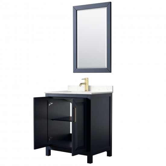 30 Inch Single Bathroom Vanity in Dark Blue, Light-Vein Carrara Cultured Marble Countertop, Sink, 24 Inch Mirror