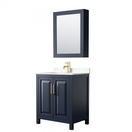 30 Inch Single Bathroom Vanity in Dark Blue, Light-Vein Carrara Cultured Marble Countertop, Sink, Medicine Cabinet