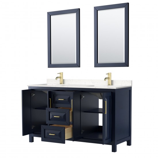 60 Inch Double Bathroom Vanity in Dark Blue, Light-Vein Carrara Cultured Marble Countertop, Sinks, 24 Inch Mirrors