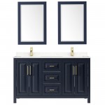 60 Inch Double Bathroom Vanity in Dark Blue, Light-Vein Carrara Cultured Marble Countertop, Sinks, 24 Inch Mirrors