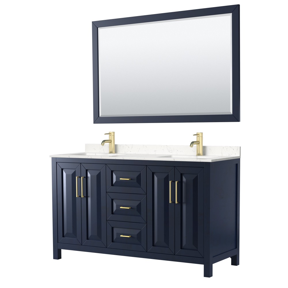 60 Inch Double Bathroom Vanity in Dark Blue, Light-Vein Carrara Cultured Marble Countertop, Sinks, 58 Inch Mirror