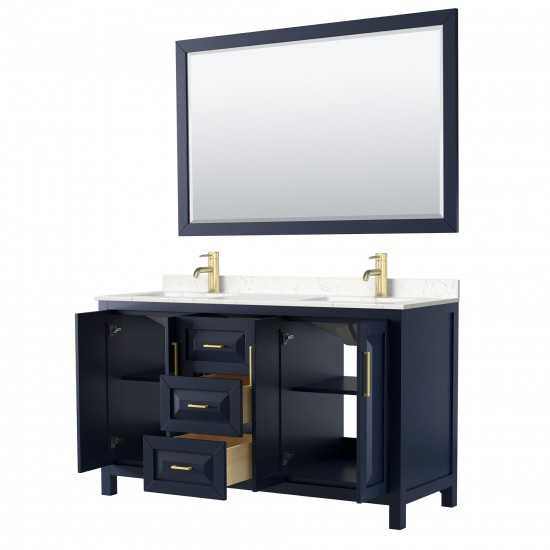 60 Inch Double Bathroom Vanity in Dark Blue, Light-Vein Carrara Cultured Marble Countertop, Sinks, 58 Inch Mirror