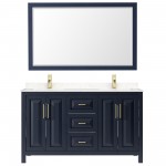 60 Inch Double Bathroom Vanity in Dark Blue, Light-Vein Carrara Cultured Marble Countertop, Sinks, 58 Inch Mirror