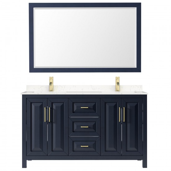 60 Inch Double Bathroom Vanity in Dark Blue, Light-Vein Carrara Cultured Marble Countertop, Sinks, 58 Inch Mirror