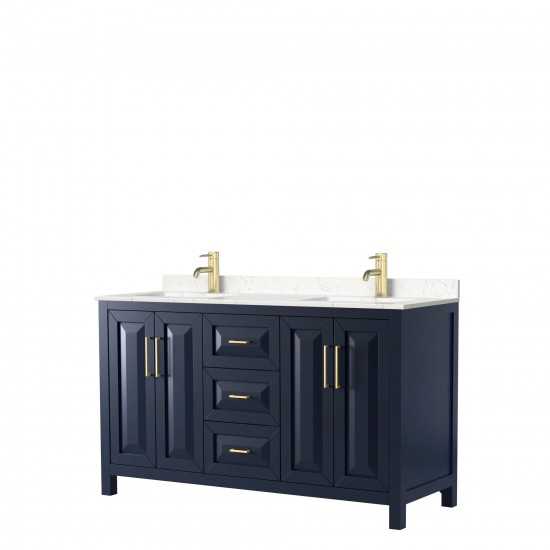 60 Inch Double Bathroom Vanity in Dark Blue, Light-Vein Carrara Cultured Marble Countertop, Sinks, No Mirror