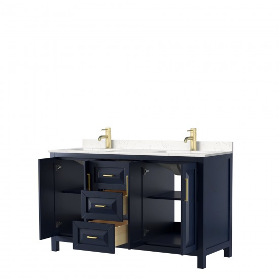 60 Inch Double Bathroom Vanity in Dark Blue, Light-Vein Carrara Cultured Marble Countertop, Sinks, No Mirror