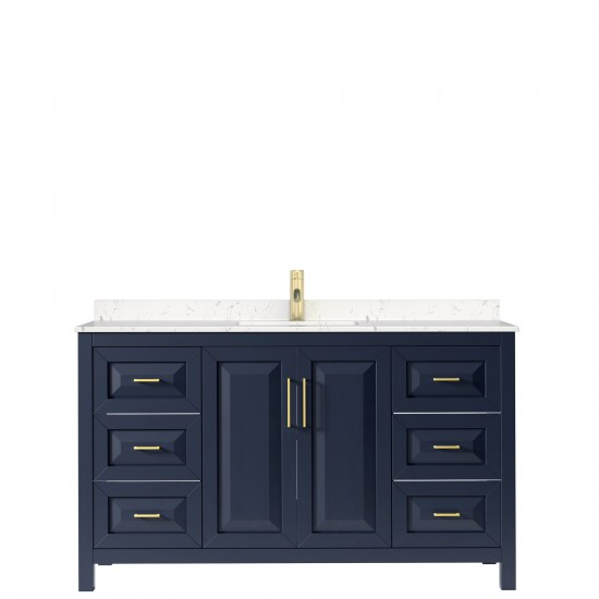 60 Inch Single Bathroom Vanity in Dark Blue, Light-Vein Carrara Cultured Marble Countertop, Sink, No Mirror