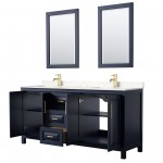 72 Inch Double Bathroom Vanity in Dark Blue, Light-Vein Carrara Cultured Marble Countertop, Sinks, 24 Inch Mirrors