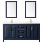 72 Inch Double Bathroom Vanity in Dark Blue, Light-Vein Carrara Cultured Marble Countertop, Sinks, 24 Inch Mirrors