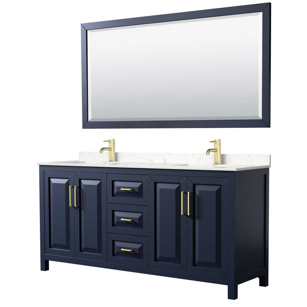 72 Inch Double Bathroom Vanity in Dark Blue, Light-Vein Carrara Cultured Marble Countertop, Sinks, 70 Inch Mirror