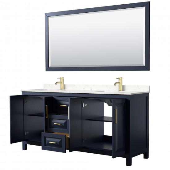 72 Inch Double Bathroom Vanity in Dark Blue, Light-Vein Carrara Cultured Marble Countertop, Sinks, 70 Inch Mirror