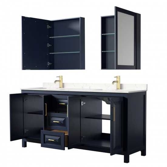 72 Inch Double Bathroom Vanity in Dark Blue, Light-Vein Carrara Cultured Marble Countertop, Sinks, Medicine Cabinets