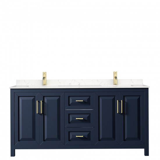 72 Inch Double Bathroom Vanity in Dark Blue, Light-Vein Carrara Cultured Marble Countertop, Sinks, No Mirror