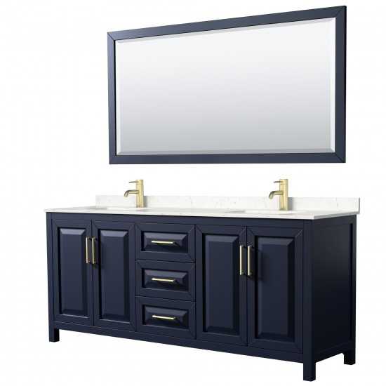 80 Inch Double Bathroom Vanity in Dark Blue, Light-Vein Carrara Cultured Marble Countertop, Sinks, 70 Inch Mirror