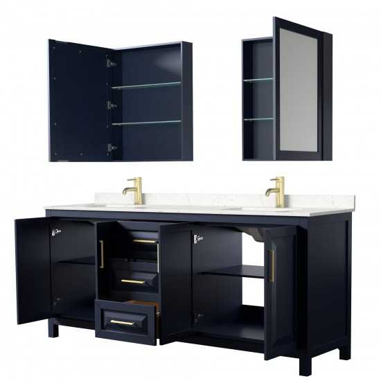 80 Inch Double Bathroom Vanity in Dark Blue, Light-Vein Carrara Cultured Marble Countertop, Sinks, Medicine Cabinets