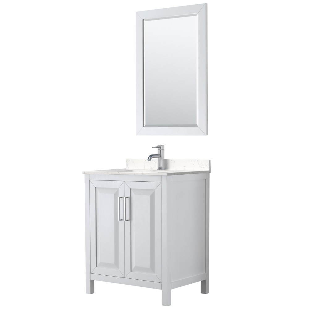 30 Inch Single Bathroom Vanity in White, Light-Vein Carrara Cultured Marble Countertop, Sink, 24 Inch Mirror