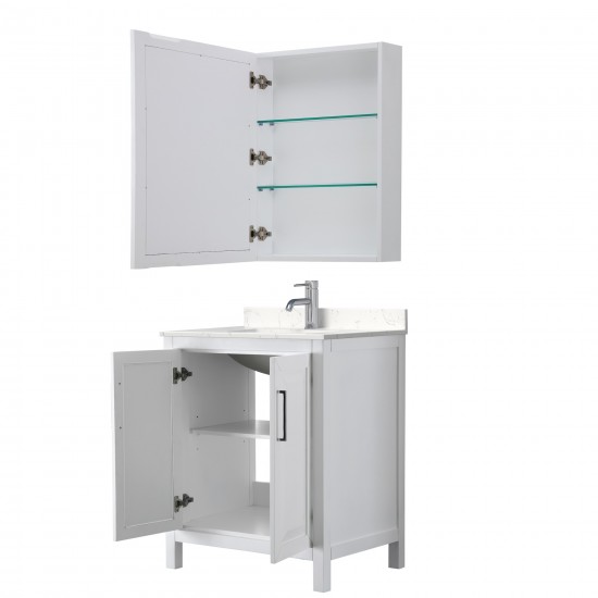 30 Inch Single Bathroom Vanity in White, Light-Vein Carrara Cultured Marble Countertop, Sink, Medicine Cabinet