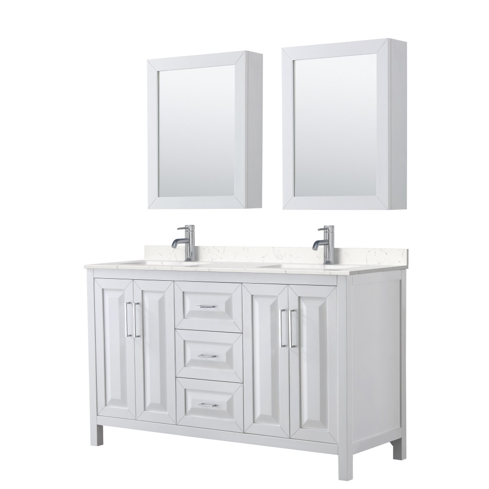 60 Inch Double Bathroom Vanity in White, Light-Vein Carrara Cultured Marble Countertop, Sinks, Medicine Cabinets