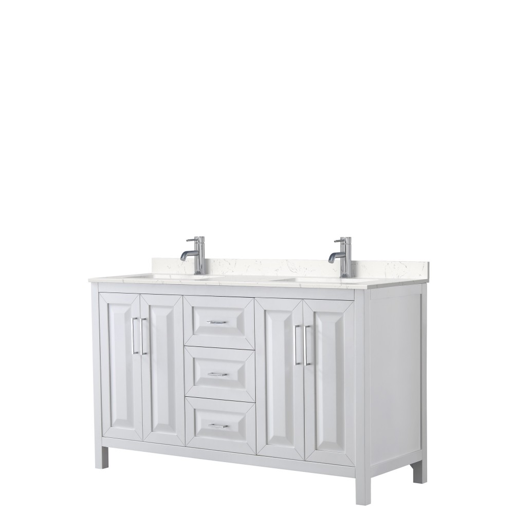 60 Inch Double Bathroom Vanity in White, Light-Vein Carrara Cultured Marble Countertop, Sinks, No Mirror