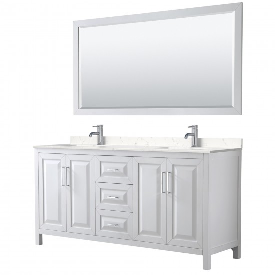 72 Inch Double Bathroom Vanity in White, Light-Vein Carrara Cultured Marble Countertop, Sinks, 70 Inch Mirror