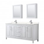 72 Inch Double Bathroom Vanity in White, Light-Vein Carrara Cultured Marble Countertop, Sinks, Medicine Cabinets