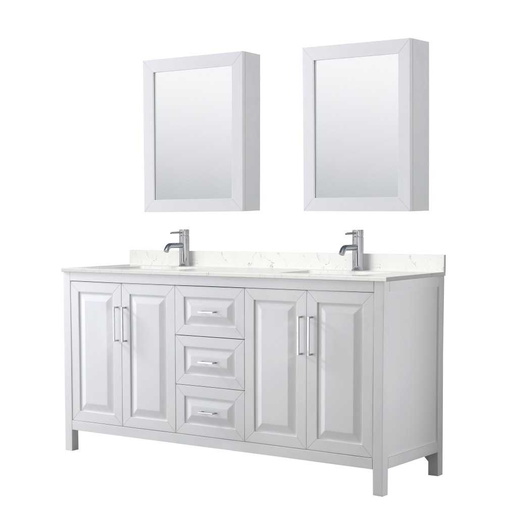 72 Inch Double Bathroom Vanity in White, Light-Vein Carrara Cultured Marble Countertop, Sinks, Medicine Cabinets