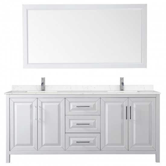 80 Inch Double Bathroom Vanity in White, Light-Vein Carrara Cultured Marble Countertop, Sinks, 70 Inch Mirror