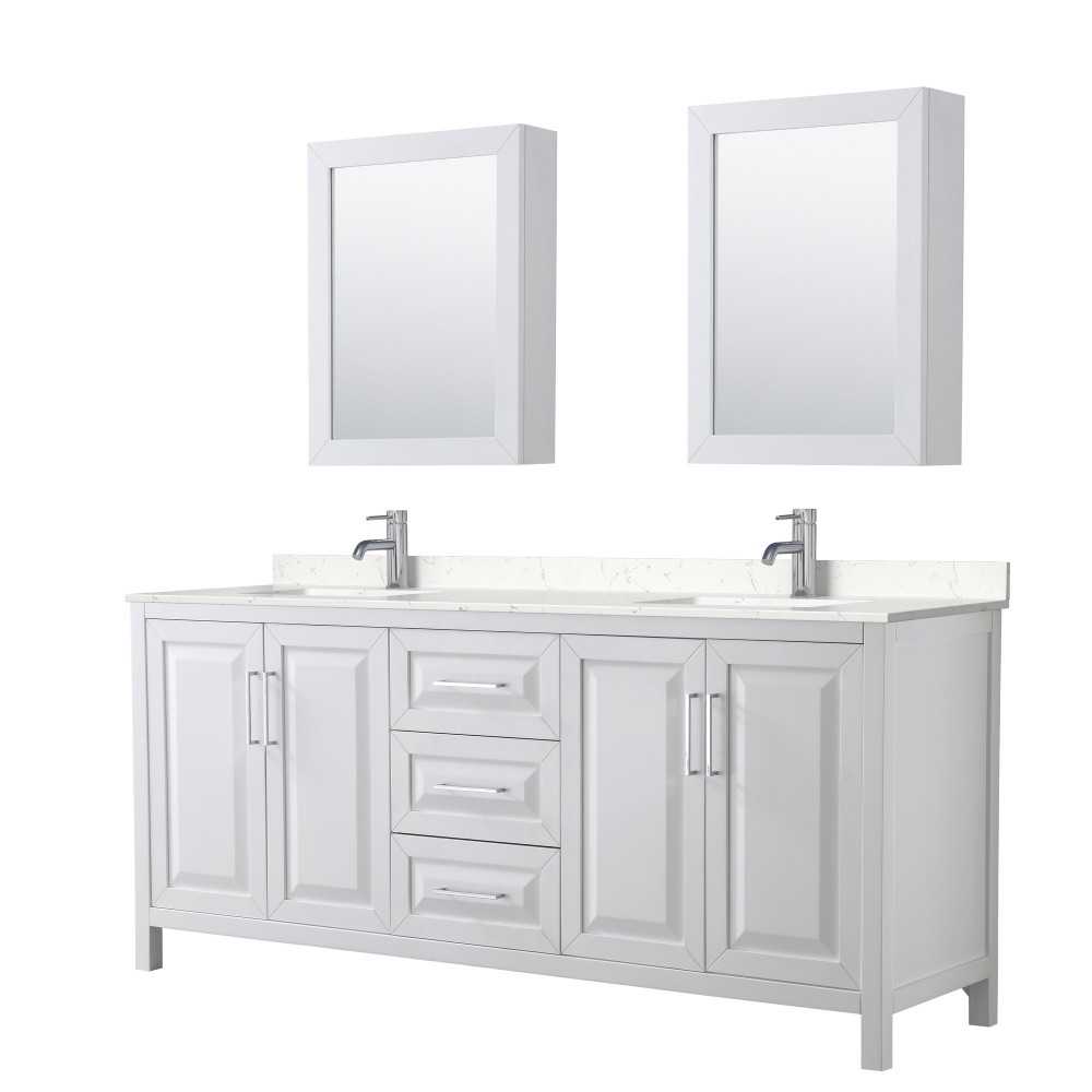 80 Inch Double Bathroom Vanity in White, Light-Vein Carrara Cultured Marble Countertop, Sinks, Medicine Cabinets